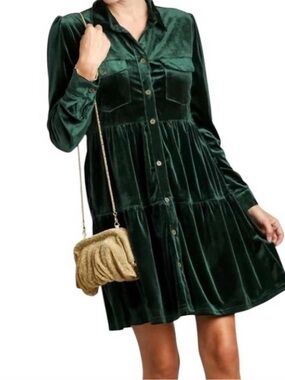 Umgee Emerald Green Velvet Button Down Tiered Dress Pockets Size Medium (M)